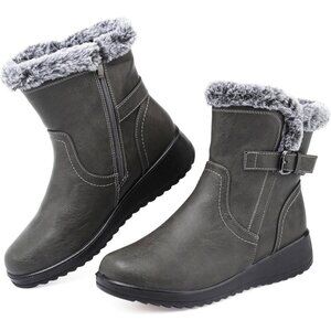 Womens Grey Snow Boots with Zipper Waterproof Leather Fur Lined Warm Ankle